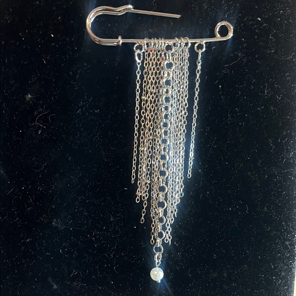 Silver Fringe Safety Pin Brooch with Pearl Accent - Women Jewelry